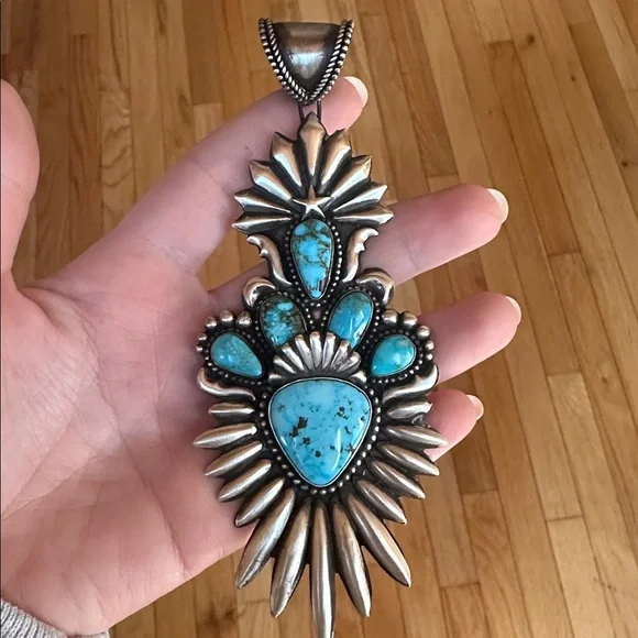 Navajo Shawn Cayatineto High Grade Kingman Turquoise & Sterling Silver Pendant - Picture 10 of 12